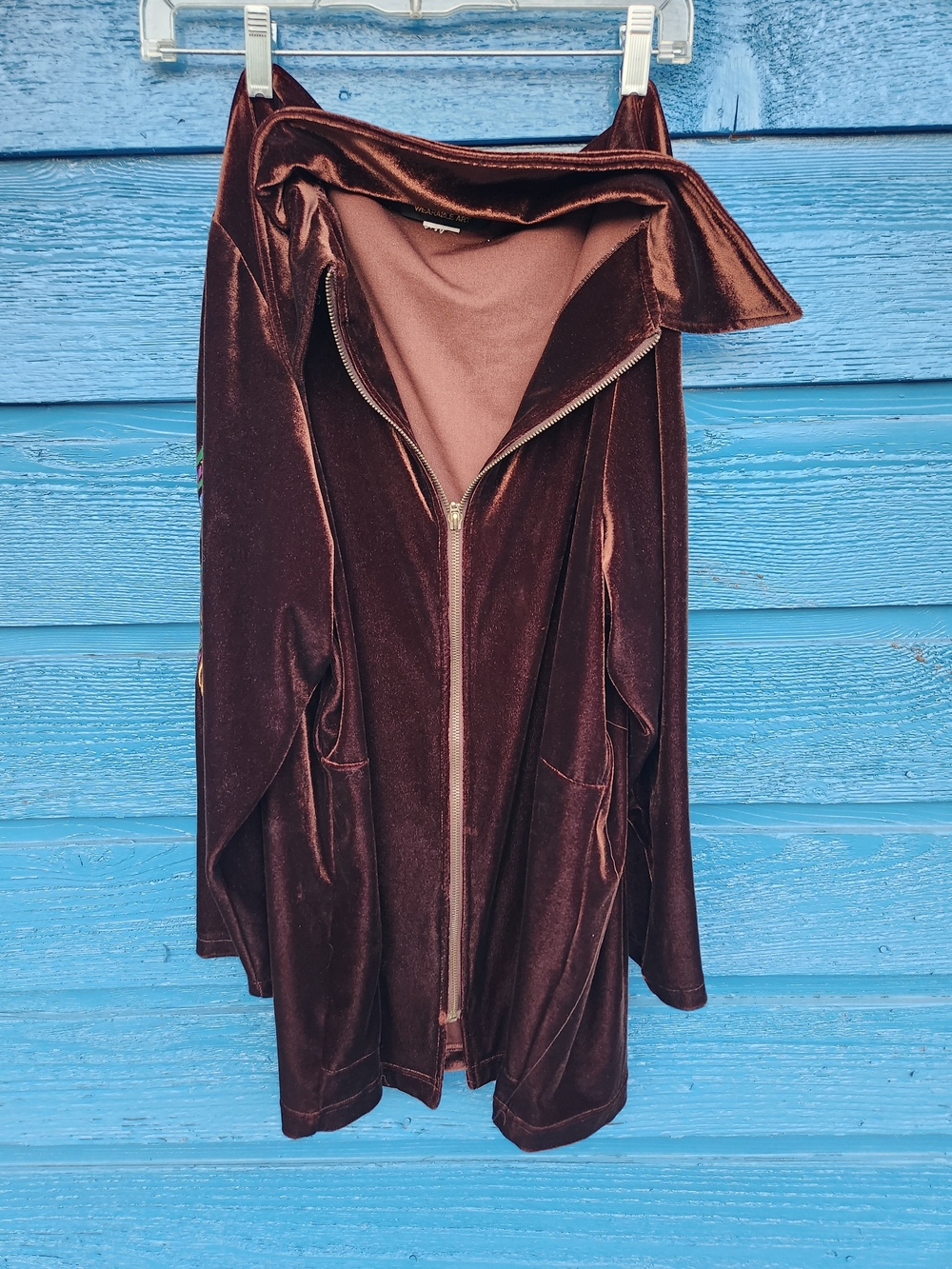 Bob Mackie Brown Velvet Zip-Front Hooded Coatigan